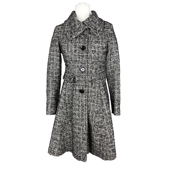 EXPRESS Wool Blend Tweed Trench Coat Pea Coat Womens Small Black & White Plaid - Picture 1 of 14